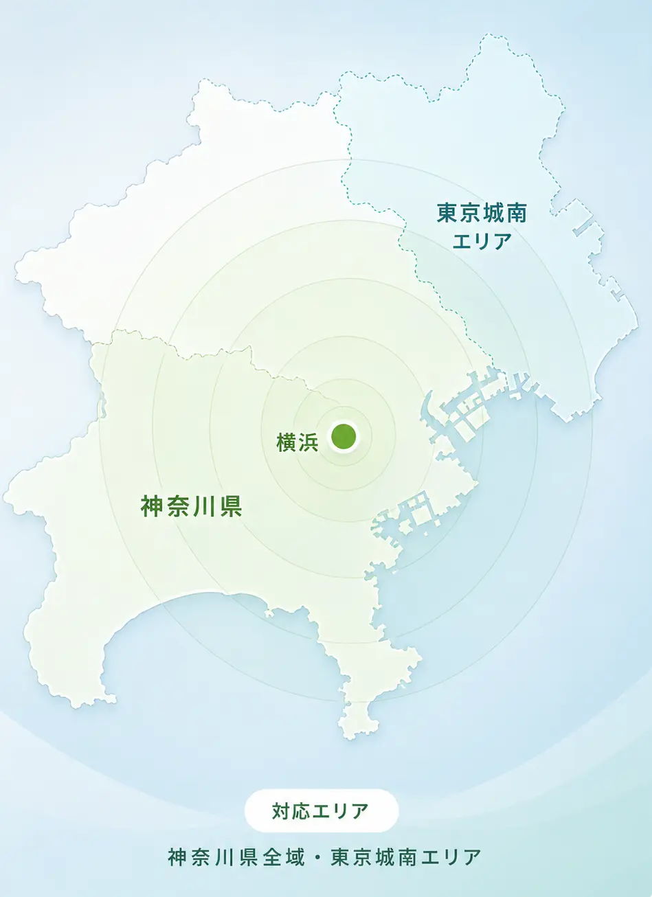 横浜市を中心に、神奈川県と東京城南エリアを示す対応エリアのイメージ図